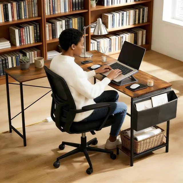 Alt view image 3 of 7 - L-Shaped Corner Home Office Computer Desk, Gaming Desk with CPU Stand Shelf and Hanging Storage Pocket, Student Study Writing Table, Sturdy Metal Frame, 43.3" D x 50" W, Rustic Brown