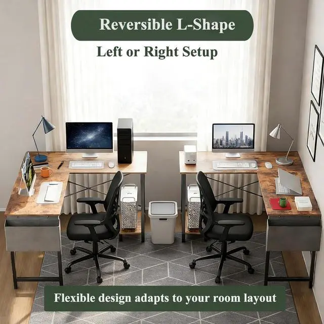 Alt view image 7 of 7 - L-Shaped Corner Home Office Computer Desk, Gaming Desk with CPU Stand Shelf and Hanging Storage Pocket, Student Study Writing Table, Sturdy Metal Frame, 43.3" D x 50" W, Rustic Brown