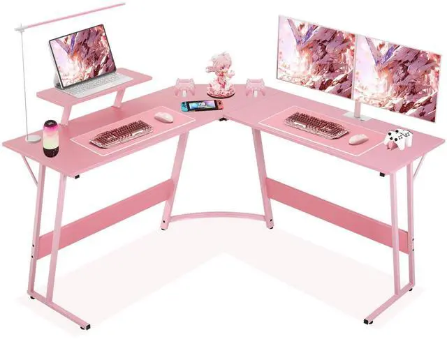 Main image of L Shaped Desk Corner Gaming Desk Computer Desk with Large Desktop Studying and Working and Gaming for Home and Work Place, Pink