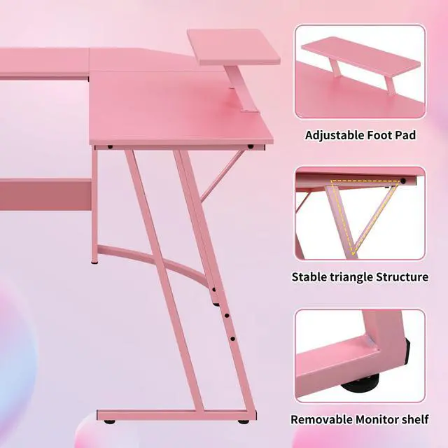 Alt view image 3 of 7 - L Shaped Desk Corner Gaming Desk Computer Desk with Large Desktop Studying and Working and Gaming for Home and Work Place, Pink