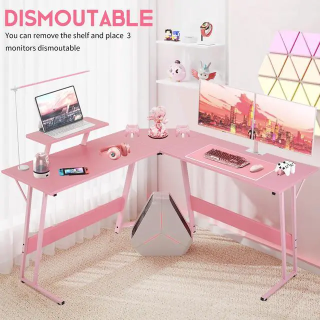 Alt view image 6 of 7 - L Shaped Desk Corner Gaming Desk Computer Desk with Large Desktop Studying and Working and Gaming for Home and Work Place, Pink