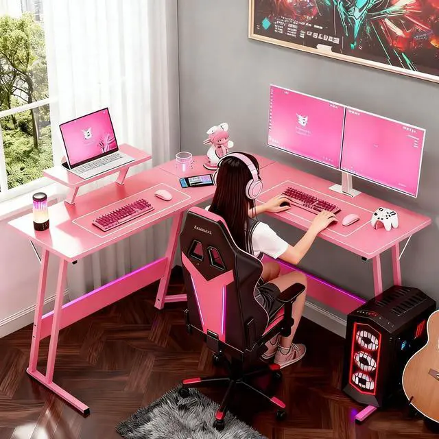 Alt view image 7 of 7 - L Shaped Desk Corner Gaming Desk Computer Desk with Large Desktop Studying and Working and Gaming for Home and Work Place, Pink
