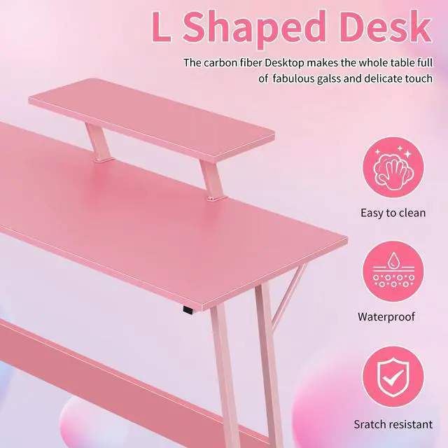 Alt view image 2 of 7 - L Shaped Desk Corner Gaming Desk Computer Desk with Large Desktop Studying and Working and Gaming for Home and Work Place, Pink