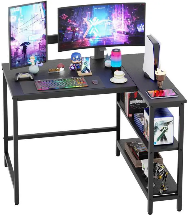 Main image of 39 Inch L-Shaped Computer Desk,Gaming Desk with Durable Metal Frame,Corner Desk with Reversible Storage Shelves for Home Office Gaming Study,Black (39 inch)