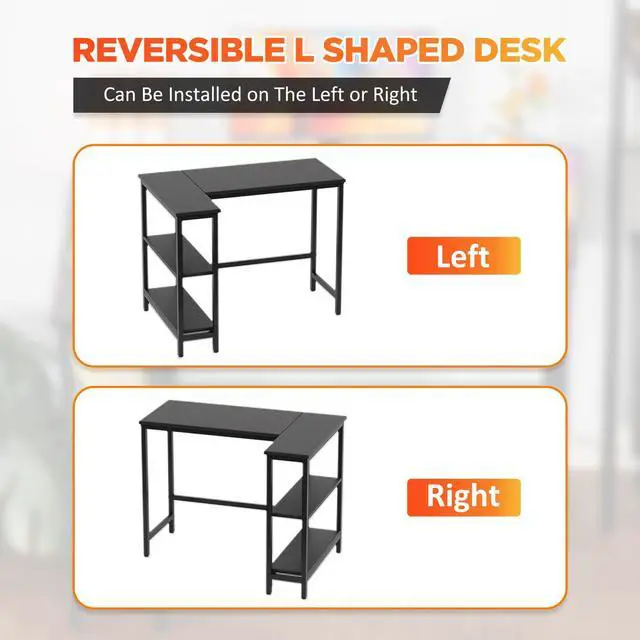 Alt view image 3 of 7 - 39 Inch L-Shaped Computer Desk,Gaming Desk with Durable Metal Frame,Corner Desk with Reversible Storage Shelves for Home Office Gaming Study,Black (39 inch)