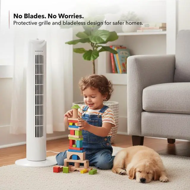 Alt view image 3 of 7 - 32" Tower Fan for Bedroom, Portable Stand Fan with 90° Oscillation, Adjustable Speed, Compact and Slim Manual Bladeless Indoor Fan Ideal for Cooling Home with Kids or Office, White TFO3SW