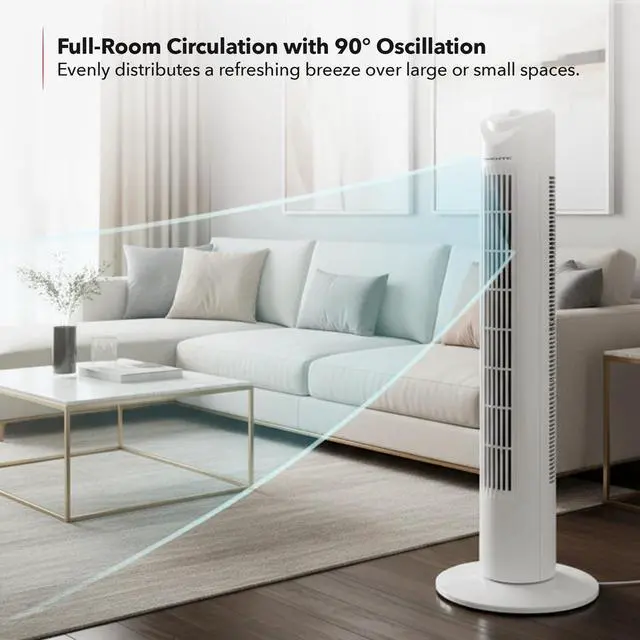 Alt view image 5 of 7 - 32" Tower Fan for Bedroom, Portable Stand Fan with 90° Oscillation, Adjustable Speed, Compact and Slim Manual Bladeless Indoor Fan Ideal for Cooling Home with Kids or Office, White TFO3SW