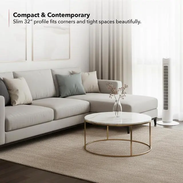 Alt view image 6 of 7 - 32" Tower Fan for Bedroom, Portable Stand Fan with 90° Oscillation, Adjustable Speed, Compact and Slim Manual Bladeless Indoor Fan Ideal for Cooling Home with Kids or Office, White TFO3SW