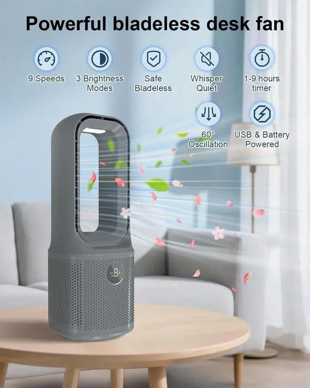 Alt view image 2 of 7 - Desk Fan Bladeless, 14 Inch USB Rechargeable Tower Fan with 9 Speed Adjustable, 3 Light, 60° Oscillating, 9H Timer, 5000mAh Battery Cooling Small Table Fan for Bedroom, Office, Nightstand, Grey