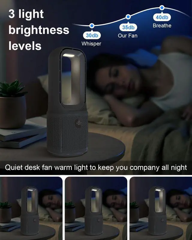 Alt view image 6 of 7 - Desk Fan Bladeless, 14 Inch USB Rechargeable Tower Fan with 9 Speed Adjustable, 3 Light, 60° Oscillating, 9H Timer, 5000mAh Battery Cooling Small Table Fan for Bedroom, Office, Nightstand, Grey