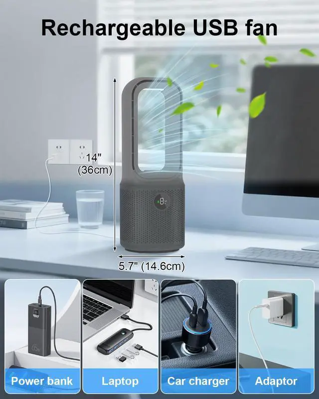 Alt view image 7 of 7 - Desk Fan Bladeless, 14 Inch USB Rechargeable Tower Fan with 9 Speed Adjustable, 3 Light, 60° Oscillating, 9H Timer, 5000mAh Battery Cooling Small Table Fan for Bedroom, Office, Nightstand, Grey