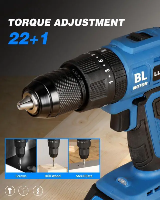 Alt view image 2 of 6 - 20V Cordless Brushless Drill Set 3/8-Inch Chuck Electric Screwdriver with 2 Variable Speed LED Light 22+1 Torque Setting Electric Drill Kit for Drilling Brick Wall, Metal, Wood Tool