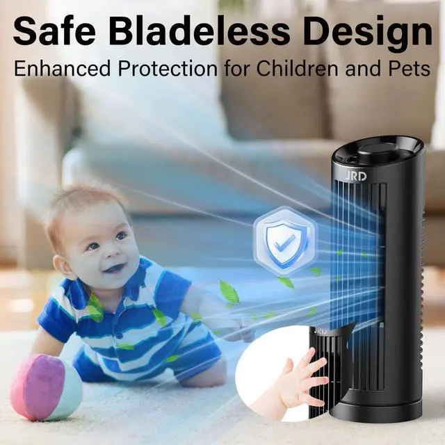 Alt view image 5 of 7 - 13" Tower Fan for Bedroom, 23ft/s Bladeless Desk Fan with 3 Speeds, 80 Degree Oscillating, Quiet Operation, Compact & Portable Table Fan for Bedroom Home Office Desktop