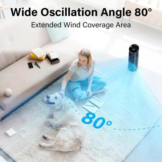 Alt view image 4 of 7 - 13'' Tower Fan for Bedroom, Quiet Cooling Desk Fan with Remote, 80° Oscillating, 3 Speed, 4 Mode, 12h Timer, Digital Touch Screen, Portable, Safe Bladeless Table Fan for Home Desktop Office