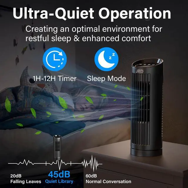 Alt view image 6 of 7 - 13'' Tower Fan for Bedroom, Quiet Cooling Desk Fan with Remote, 80° Oscillating, 3 Speed, 4 Mode, 12h Timer, Digital Touch Screen, Portable, Safe Bladeless Table Fan for Home Desktop Office