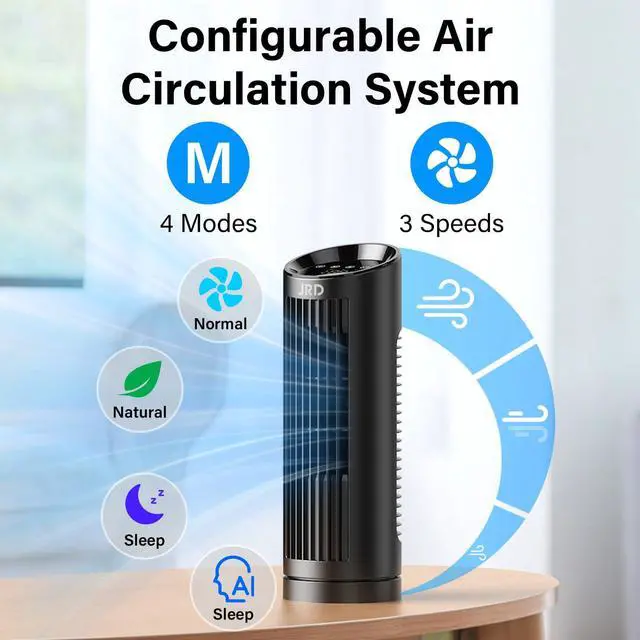 Alt view image 7 of 7 - 13'' Tower Fan for Bedroom, Quiet Cooling Desk Fan with Remote, 80° Oscillating, 3 Speed, 4 Mode, 12h Timer, Digital Touch Screen, Portable, Safe Bladeless Table Fan for Home Desktop Office