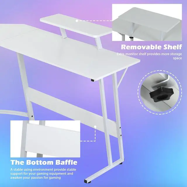 Alt view image 4 of 7 - Gaming Desk L Shaped Desk, 50.4 Large Desk Computer Desk with Shelves & Carbon Fiber Desktop, Wood Desk Table Computer Table Writing Desk Work Desk pc desk for Bedroom Office Dorm Small Space, White