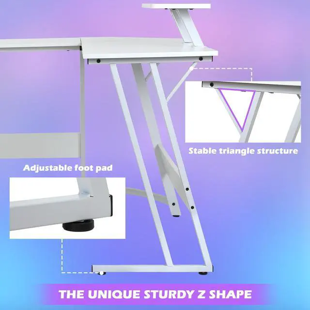 Alt view image 5 of 7 - Gaming Desk L Shaped Desk, 50.4 Large Desk Computer Desk with Shelves & Carbon Fiber Desktop, Wood Desk Table Computer Table Writing Desk Work Desk pc desk for Bedroom Office Dorm Small Space, White