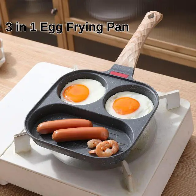 Alt view image 2 of 6 - Egg Frying Pan 3-In-1 Divided Nonstick Egg Pan with Lid Breakfast Grill Pan Skillet Compatible with Gas Stove & Induction Cooktops (Gray, 3 Hole With Lid)