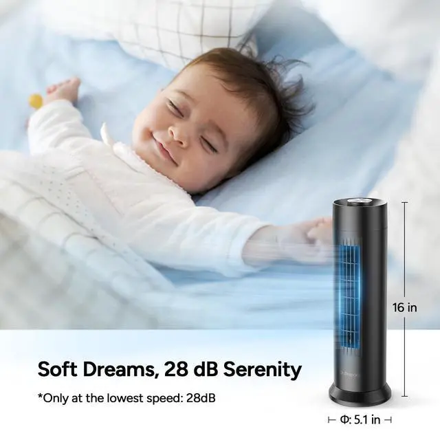 Alt view image 3 of 7 - Tower Fan, 28dB Quiet Desk Fan, 3Speeds, 80° Oscillation, Detachable Washable Bladeless Design, 16 Inch Portable Table Fan for Room, Home, Office,Black