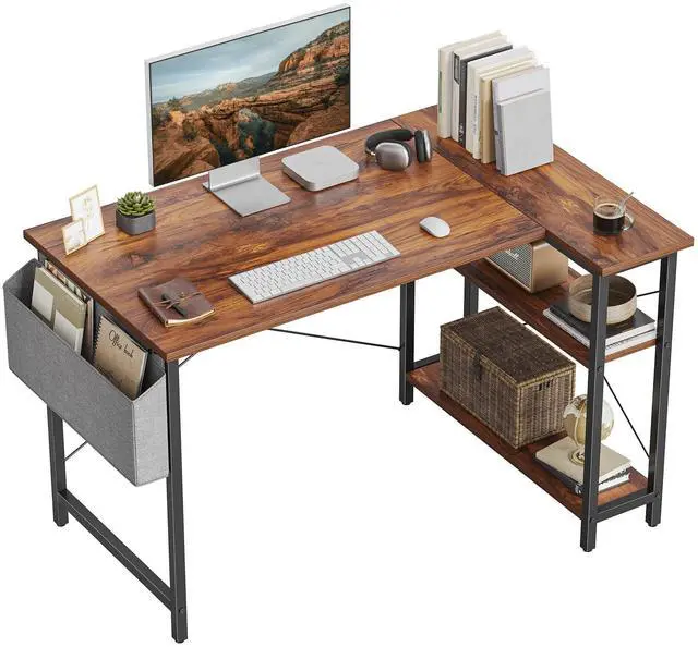 Main image of L Shaped Desk, 40 Inch Computer Desk with Reversible Storage Shelves Home Office Corner Desk Study Writing Table, Rustic Brown
