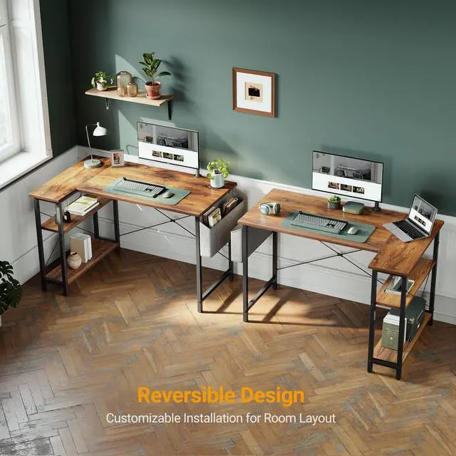 Alt view image 4 of 7 - L Shaped Desk, 40 Inch Computer Desk with Reversible Storage Shelves Home Office Corner Desk Study Writing Table, Rustic Brown