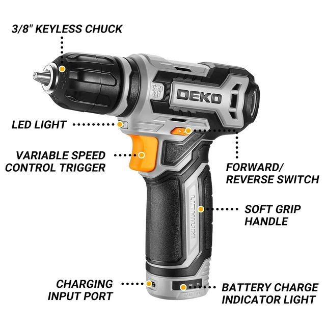 Alt view image 2 of 7 - Cordless Drill: DEKO PRO 12V Power Battery Drill Set with Small Electric Drills and 3/8-inch Keyless Chuck with Portable Tool Set Gift Box