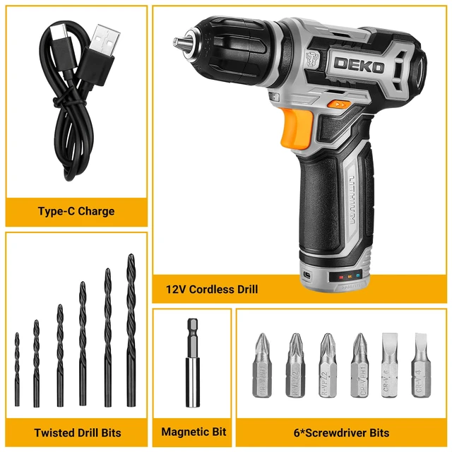 Alt view image 3 of 7 - Cordless Drill: DEKO PRO 12V Power Battery Drill Set with Small Electric Drills and 3/8-inch Keyless Chuck with Portable Tool Set Gift Box