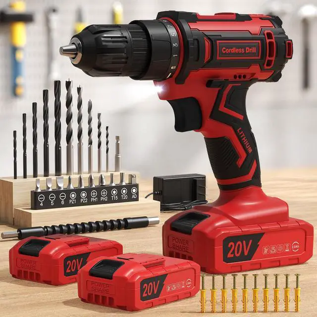 Main image of Cordless Drill, 20V Power Drill, Double 2000mAh Power Pack Electric Drills, Cordless Drills with Power Pack and Charger, 3/8" Keyless Chuck Screwdriver with 25+1 Max 370 In-lb Torque, 42Pcs Bits
