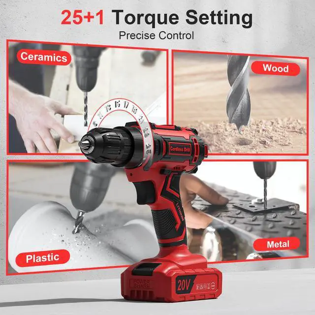 Alt view image 2 of 7 - Cordless Drill, 20V Power Drill, Double 2000mAh Power Pack Electric Drills, Cordless Drills with Power Pack and Charger, 3/8" Keyless Chuck Screwdriver with 25+1 Max 370 In-lb Torque, 42Pcs Bits