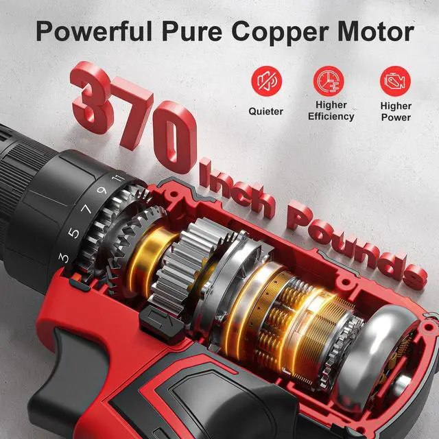 Alt view image 4 of 7 - Cordless Drill, 20V Power Drill, Double 2000mAh Power Pack Electric Drills, Cordless Drills with Power Pack and Charger, 3/8" Keyless Chuck Screwdriver with 25+1 Max 370 In-lb Torque, 42Pcs Bits