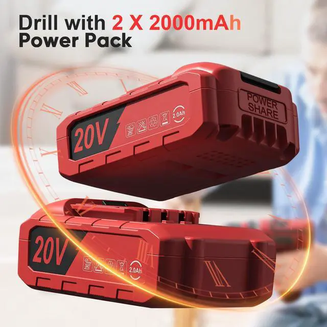 Alt view image 3 of 7 - Cordless Drill, 20V Power Drill, Double 2000mAh Power Pack Electric Drills, Cordless Drills with Power Pack and Charger, 3/8" Keyless Chuck Screwdriver with 25+1 Max 370 In-lb Torque, 42Pcs Bits
