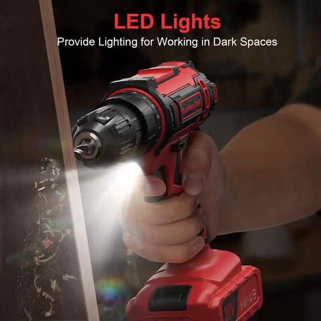 Alt view image 5 of 7 - Cordless Drill, 20V Power Drill, Double 2000mAh Power Pack Electric Drills, Cordless Drills with Power Pack and Charger, 3/8" Keyless Chuck Screwdriver with 25+1 Max 370 In-lb Torque, 42Pcs Bits