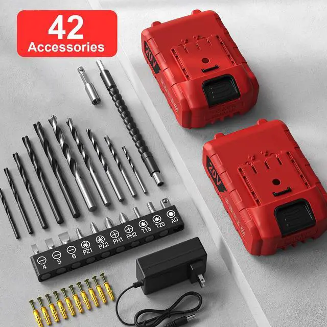 Alt view image 6 of 7 - Cordless Drill, 20V Power Drill, Double 2000mAh Power Pack Electric Drills, Cordless Drills with Power Pack and Charger, 3/8" Keyless Chuck Screwdriver with 25+1 Max 370 In-lb Torque, 42Pcs Bits