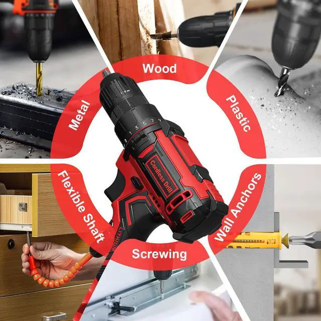Alt view image 7 of 7 - Cordless Drill, 20V Power Drill, Double 2000mAh Power Pack Electric Drills, Cordless Drills with Power Pack and Charger, 3/8" Keyless Chuck Screwdriver with 25+1 Max 370 In-lb Torque, 42Pcs Bits