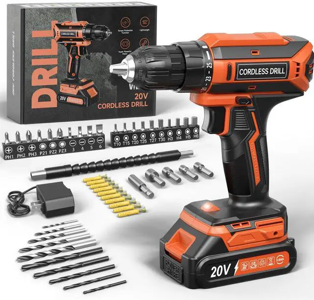 Main image of Cordless Drill, 20V MAX Power Drill Set with 2.0Ah Power Pack & Charger, 3/8 Inch Keyless Chuck, Variable Speed, 25+1 Position and 56PCS Bits/Screws, Power Tools for Home Projects