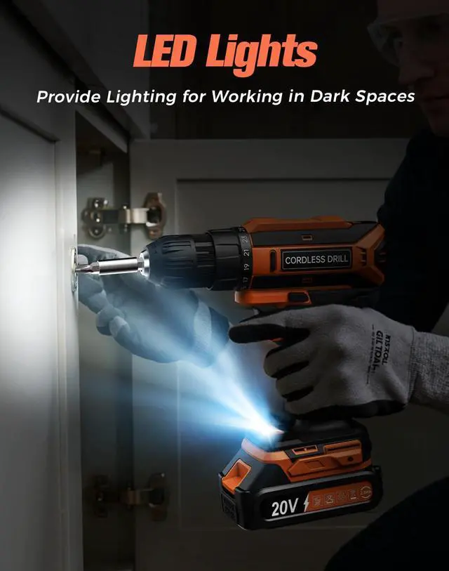 Alt view image 4 of 7 - Cordless Drill, 20V MAX Power Drill Set with 2 Batteries & Charger, 3/8 Inch Keyless Chuck, Variable Speed, 25+1 Position and 56PCS Bits/Screws, Power Tools for Home Projects