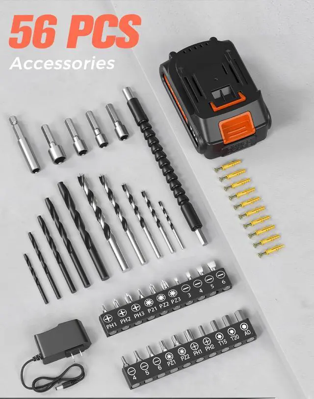 Alt view image 6 of 7 - Cordless Drill, 20V MAX Power Drill Set with 2.0Ah Power Pack & Charger, 3/8 Inch Keyless Chuck, Variable Speed, 25+1 Position and 56PCS Bits/Screws, Power Tools for Home Projects