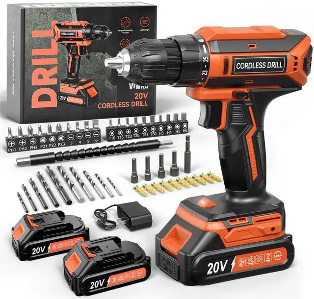 Main image of Cordless Drill, 20V MAX Power Drill Set with 2 Batteries & Charger, 3/8 Inch Keyless Chuck, Variable Speed, 25+1 Position and 56PCS Bits/Screws, Power Tools for Home Projects