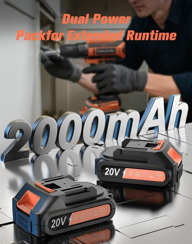 Alt view image 3 of 7 - Cordless Drill, 20V MAX Power Drill Set with 2 Batteries & Charger, 3/8 Inch Keyless Chuck, Variable Speed, 25+1 Position and 56PCS Bits/Screws, Power Tools for Home Projects