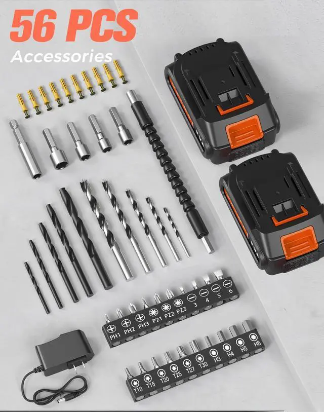 Alt view image 5 of 7 - Cordless Drill, 20V MAX Power Drill Set with 2 Batteries & Charger, 3/8 Inch Keyless Chuck, Variable Speed, 25+1 Position and 56PCS Bits/Screws, Power Tools for Home Projects