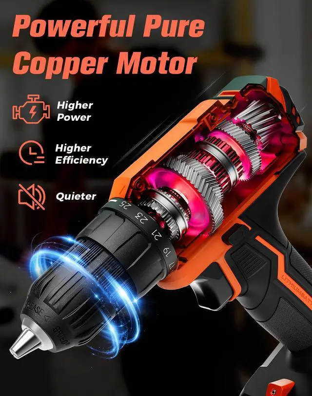 Alt view image 6 of 7 - Cordless Drill, 20V MAX Power Drill Set with 2 Batteries & Charger, 3/8 Inch Keyless Chuck, Variable Speed, 25+1 Position and 56PCS Bits/Screws, Power Tools for Home Projects