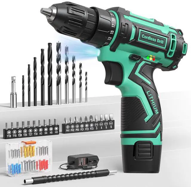 Main image of Cordless Drill Set,12V Power Drill Driver 3/8" Keyless Chuck with 92 Acessories, Built-in LED Light, 25+1 Position, Electric Drill for Home DIY ProjectsCyan
