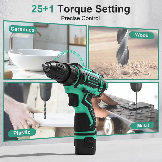 Alt view image 2 of 7 - Cordless Drill Set,12V Power Drill Driver 3/8" Keyless Chuck with 92 Acessories, Built-in LED Light, 25+1 Position, Electric Drill for Home DIY ProjectsCyan