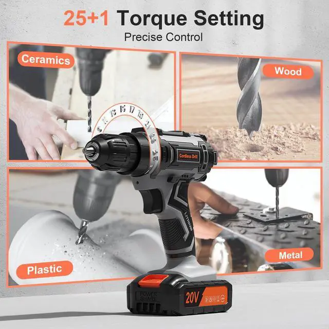 Alt view image 2 of 7 - Cordless Drill, 20V Power Drill, Double 2000mAh Power Pack Electric Drills, Cordless Drills with Power Pack and Charger, 3/8" Keyless Chuck Screwdriver with 25+1 Max 370 In-lb Torque, 42Pcs Bits