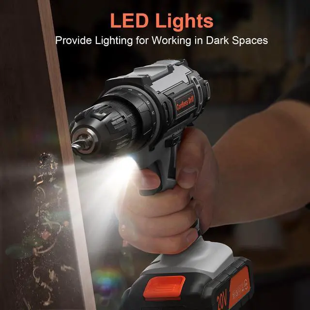Alt view image 5 of 7 - Cordless Drill, 20V Power Drill, Double 2000mAh Power Pack Electric Drills, Cordless Drills with Power Pack and Charger, 3/8" Keyless Chuck Screwdriver with 25+1 Max 370 In-lb Torque, 42Pcs Bits