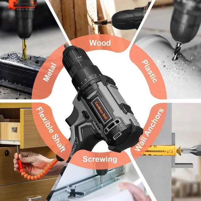 Alt view image 7 of 7 - Cordless Drill, 20V Power Drill, Double 2000mAh Power Pack Electric Drills, Cordless Drills with Power Pack and Charger, 3/8" Keyless Chuck Screwdriver with 25+1 Max 370 In-lb Torque, 42Pcs Bits