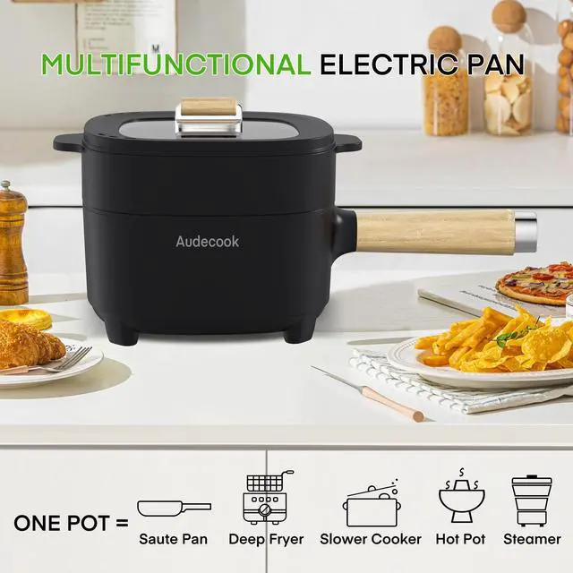 Alt view image 3 of 6 - Hot Pot Electric 2L, Cermic Glaze Non-Stick Frying Pan 8 Inch, Portable Travel Cooker for Ramen/Steak/Fried Rice/Oatmeal/Soup, with Dual Power Control (Silicone Spatula Included)