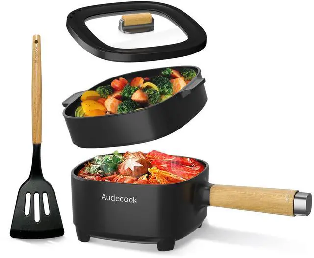 Main image of Hot Pot Electric 2L, Cermic Glaze Non-Stick Frying Pan 8 Inch, Portable Travel Cooker for Ramen/Steak/Fried Rice/Oatmeal/Soup, with Dual Power Control (Silicone Spatula Included)