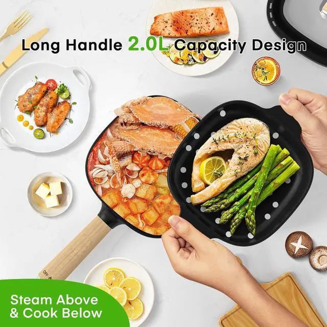 Alt view image 4 of 6 - Hot Pot Electric 2L, Cermic Glaze Non-Stick Frying Pan 8 Inch, Portable Travel Cooker for Ramen/Steak/Fried Rice/Oatmeal/Soup, with Dual Power Control (Silicone Spatula Included)